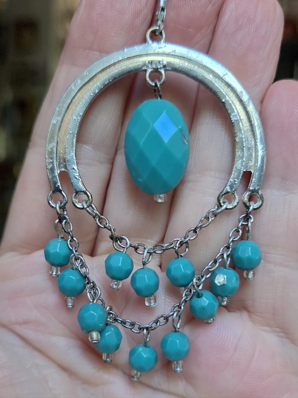 H&M Teal Beaded Silver-Tone Chandelier Earrings - Picture 3 of 5